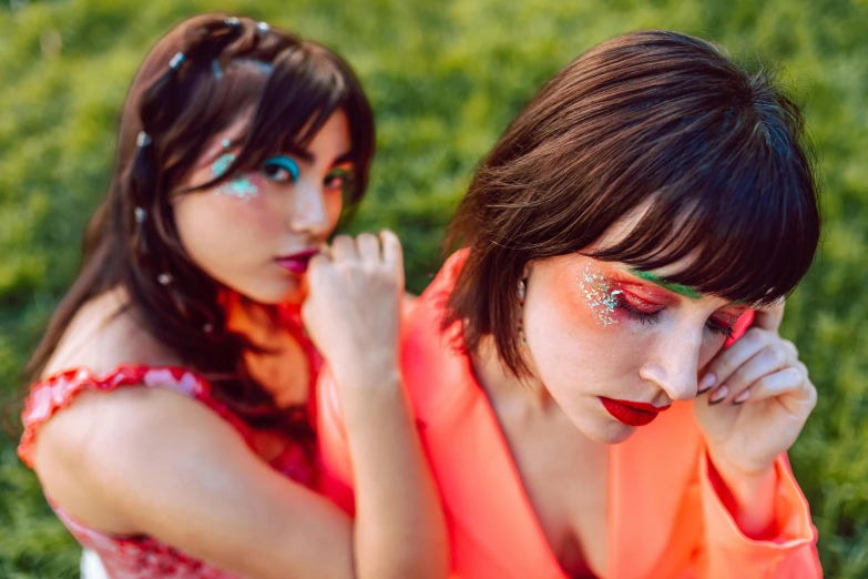 two women are posing and painted face to body