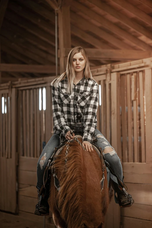 young woman riding a horse in the stable