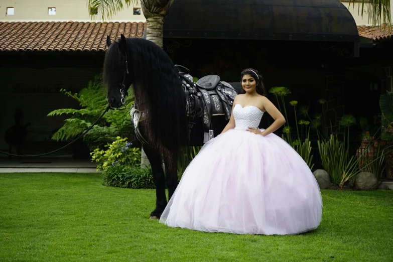 a woman in a ball gown standing beside a black horse