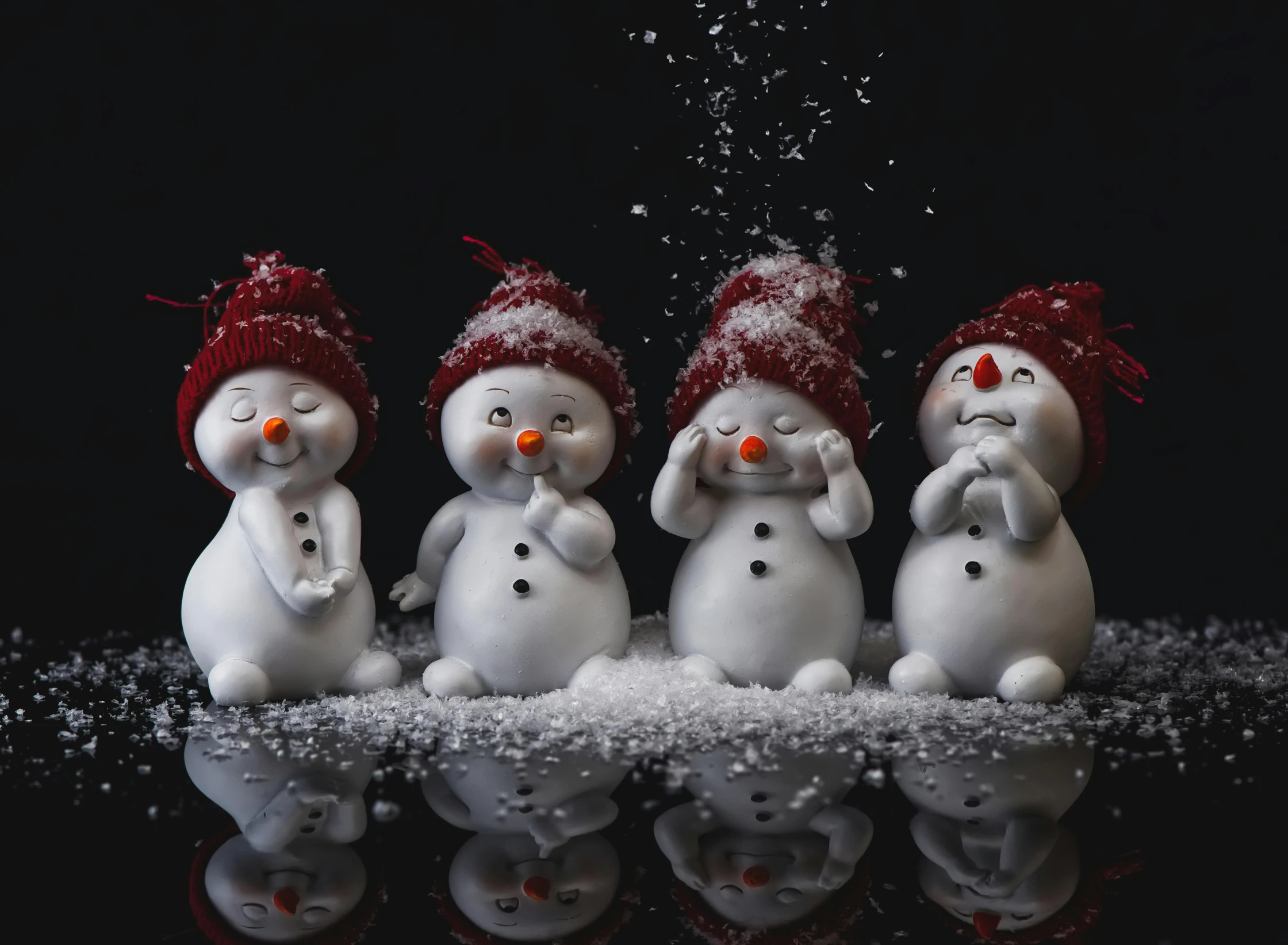 four snowmen standing next to each other