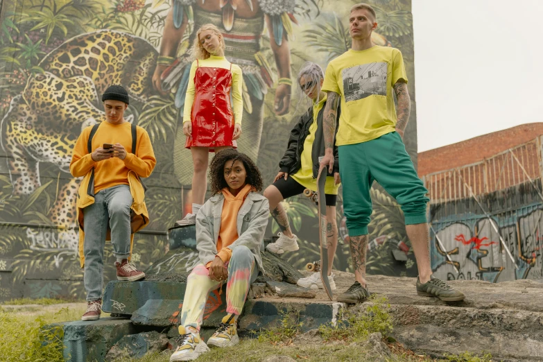 four models are posing with stick and umbrellas