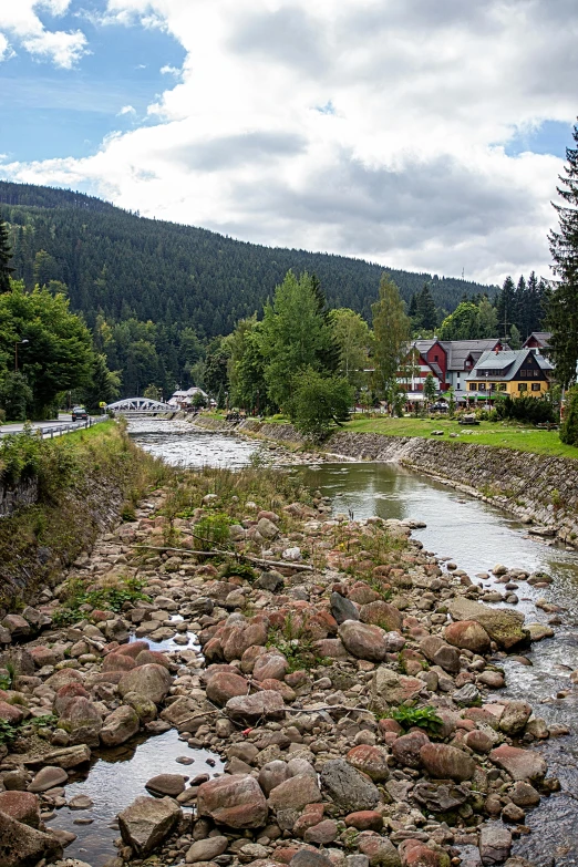 an image of a rocky river and buildings