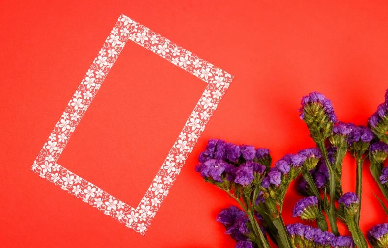 purple flowers are on a red surface near the white frame