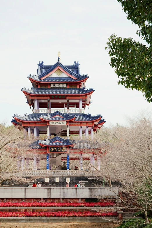 the pagoda is located in front of some bare trees