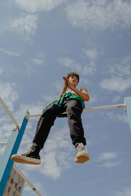  on a high wire against a blue sky