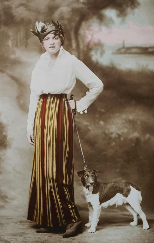 an old fashion woman standing next to a dog