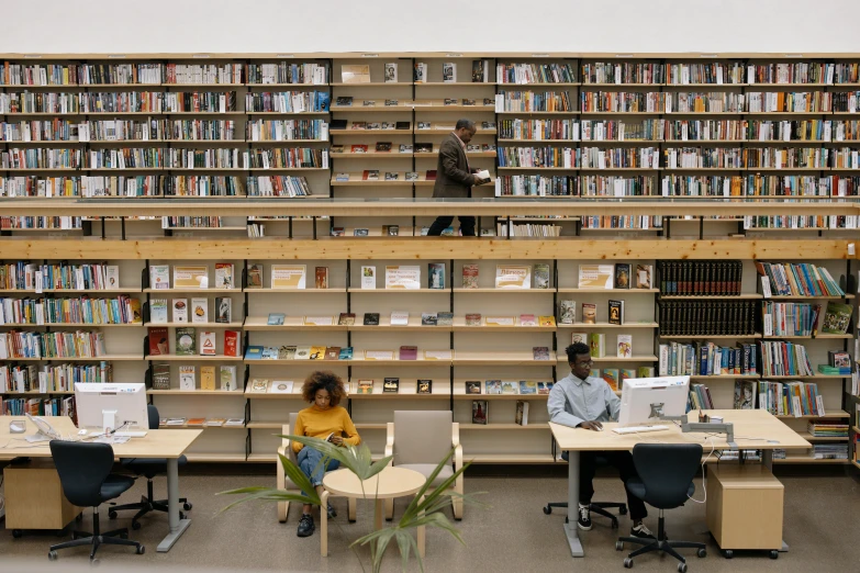 two people sit at desks in front of a liry filled with books