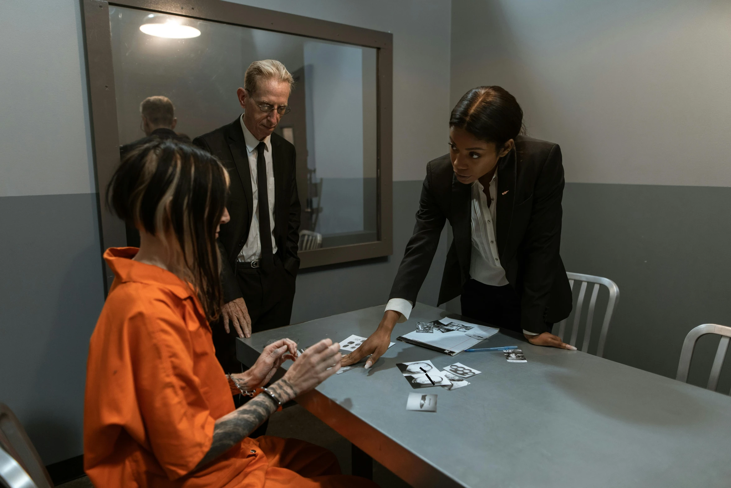 two women in orange pants and a man with a suit