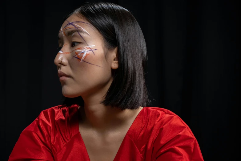 a woman with her face painted like birds and a bird on her forehead