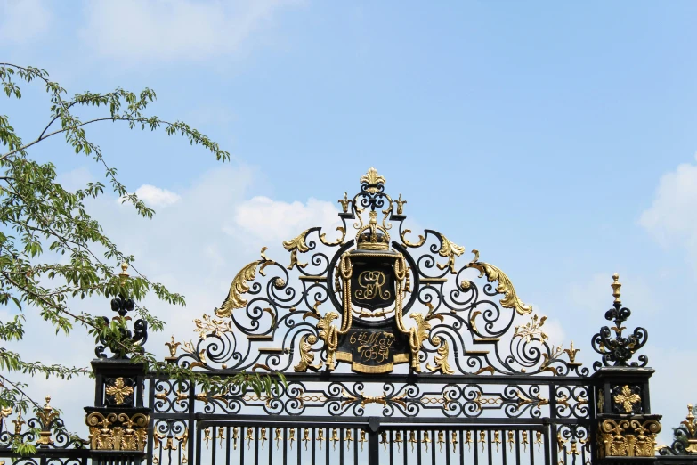 ornate gold and black gate on cloudy day