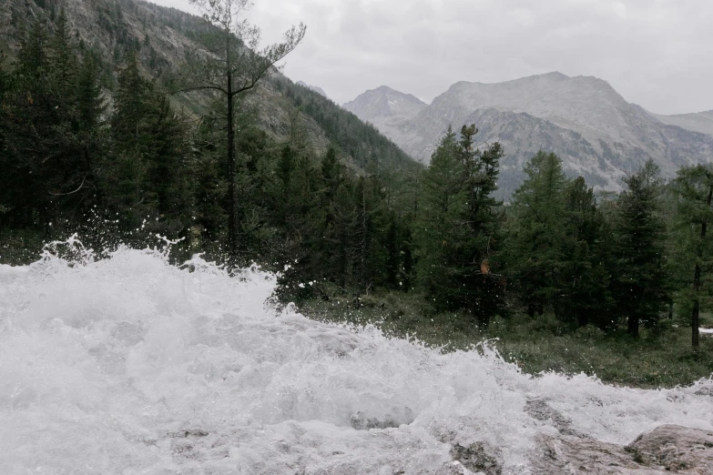 a river with water rushing through it near some trees