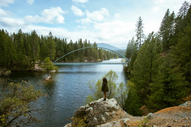 a person stands in front of some water and trees