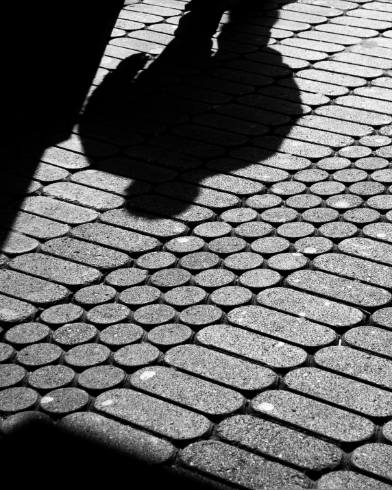 a shadow of a person walking down the street holding a purse