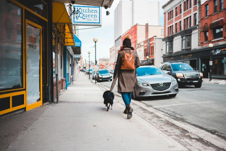 woman walking a black dog on sidewalk in a city