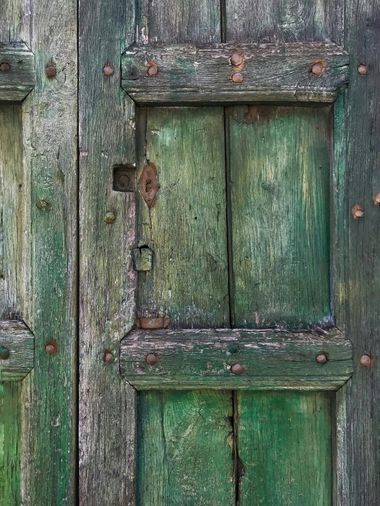 an old door in green painted wood with metal handles