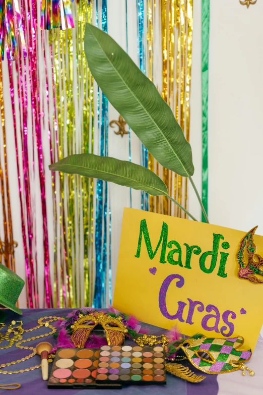 a mardi gras sign sitting next to a plant