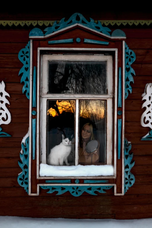 two cats are sitting in the window looking out at the snow