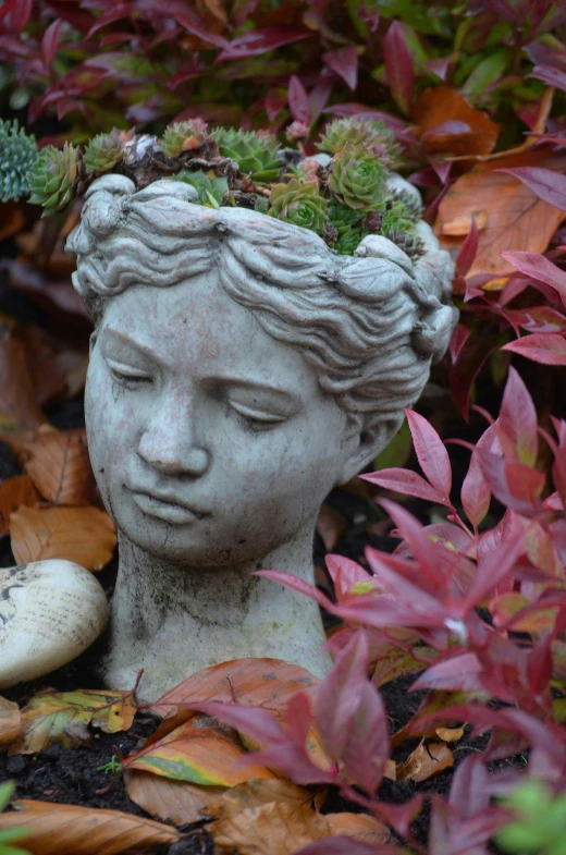 a statue head surrounded by foliage next to flowers