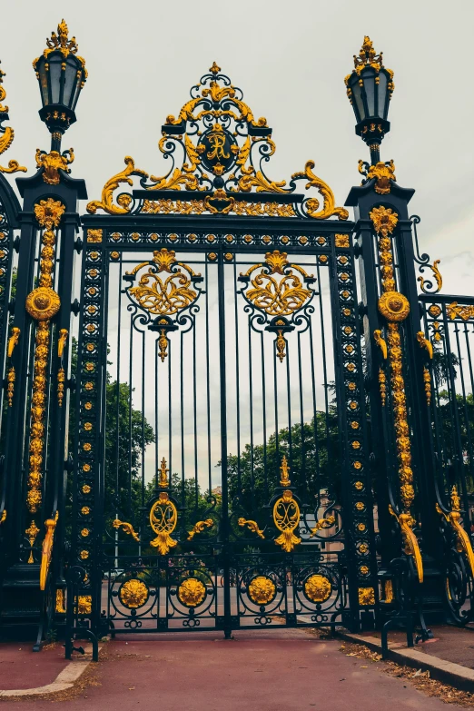 yellow and black decorative gate is seen with ornate decorations