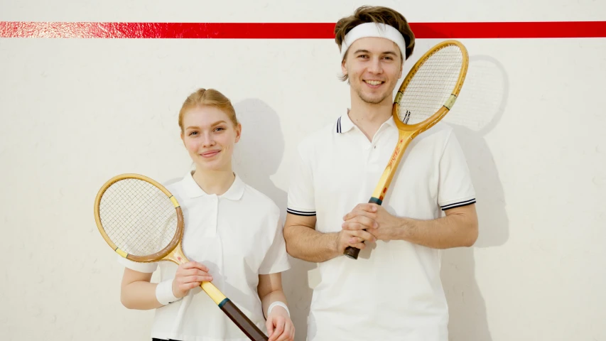 two people standing next to each other holding tennis rackets