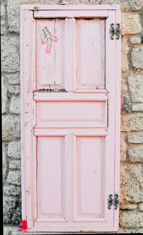 a pink door has floral painting on it