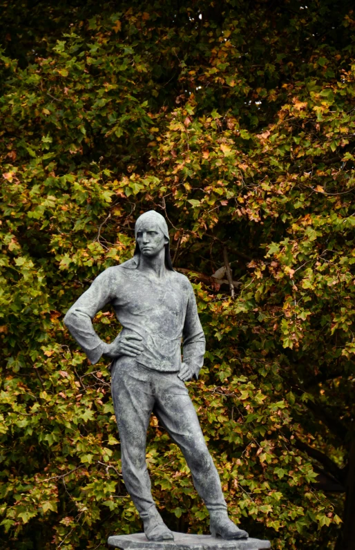 a statue of a man standing in front of a bunch of leaves