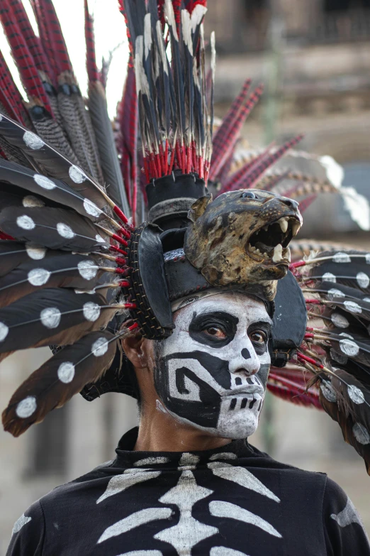 a skeleton painted head with feathers and an animal's face