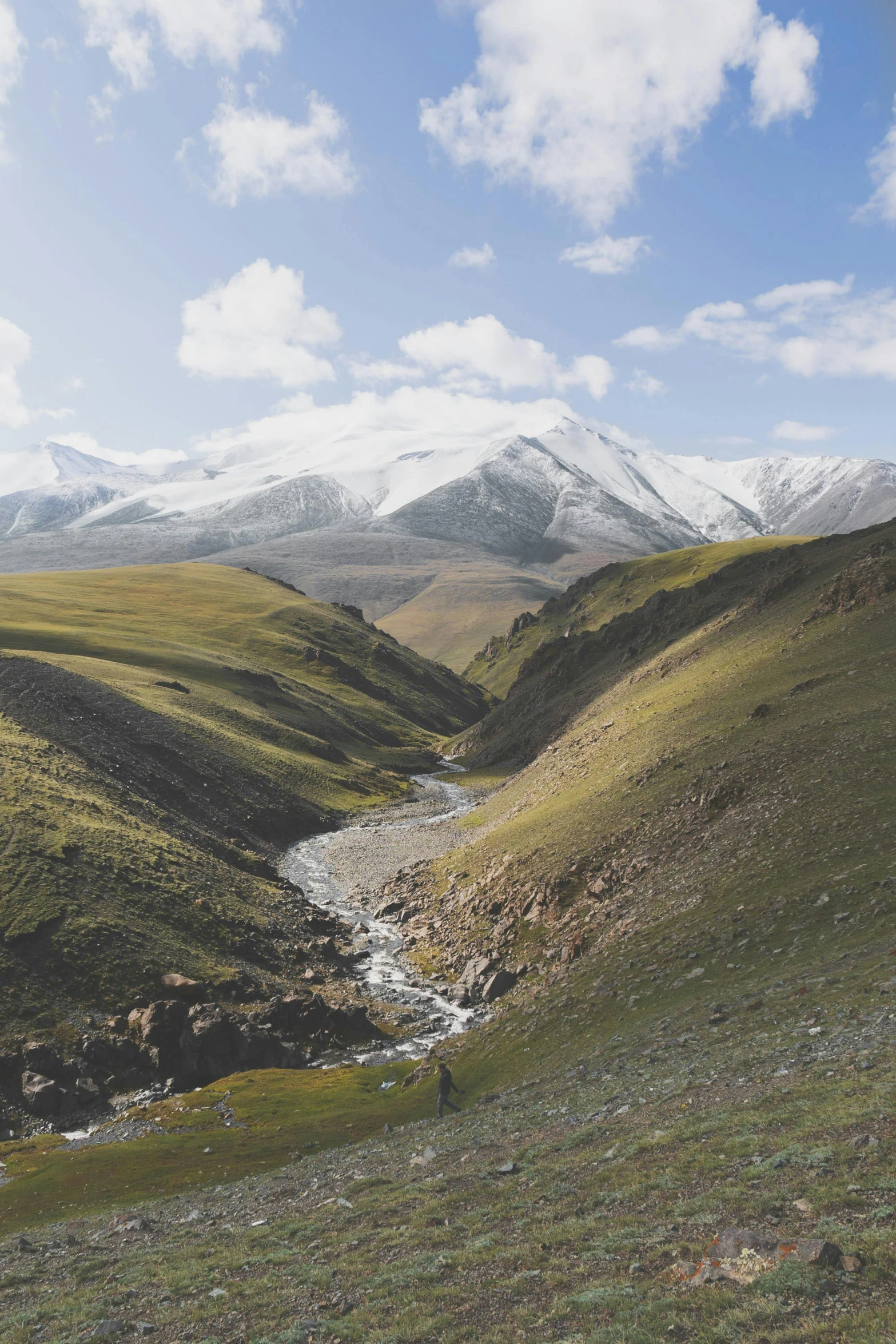 a scenic view from a mountain with the snow covered mountains in the background