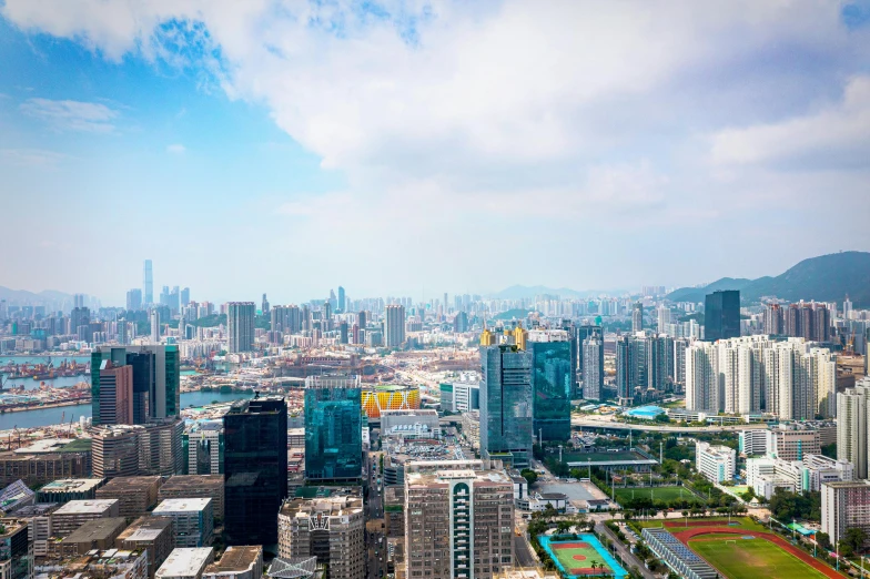 a view of the city skyline with tall buildings