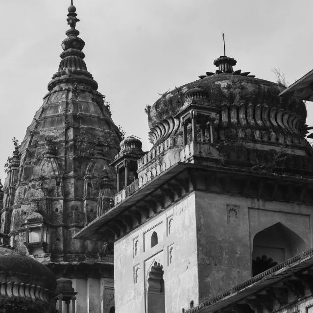 black and white pograph of ornate architecture with birds on top