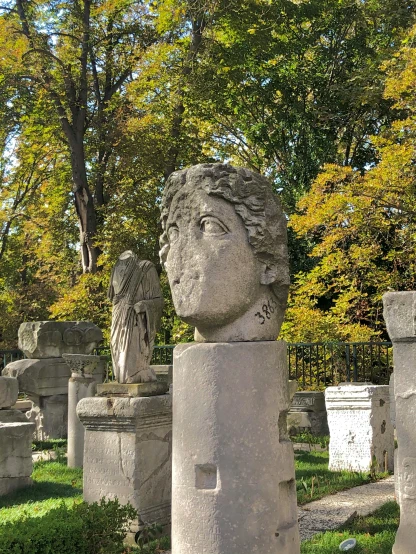 stone heads of different sizes and shapes on a graveyard