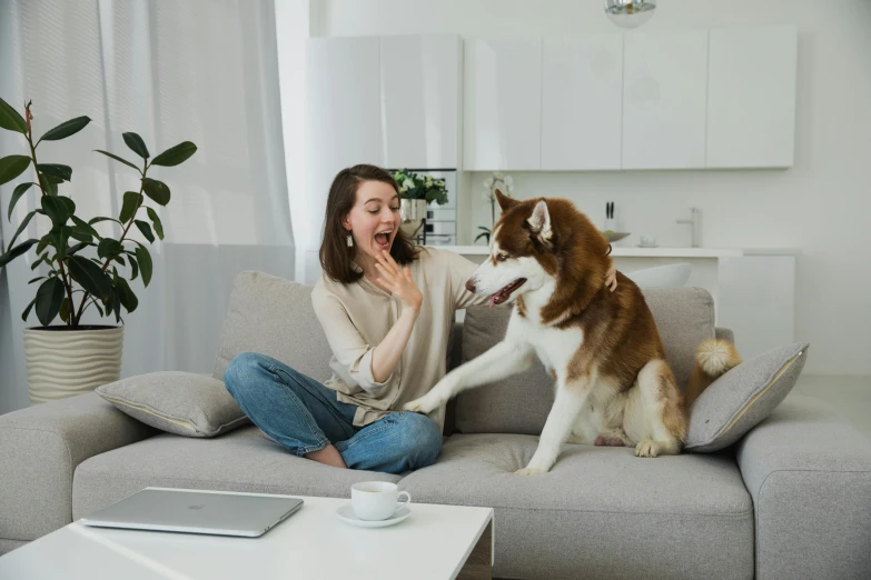 a dog and woman sitting on a sofa