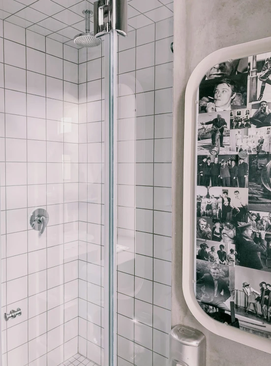 the interior of a bathroom with white tile