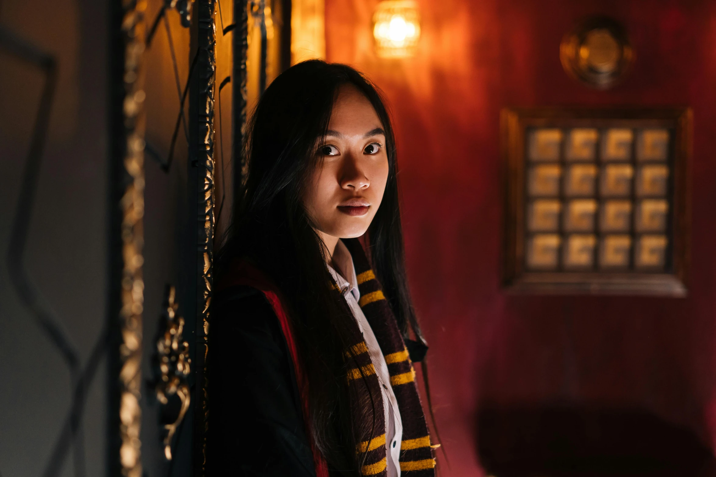 a  leaning against a wall wearing a harry potter striped scarf