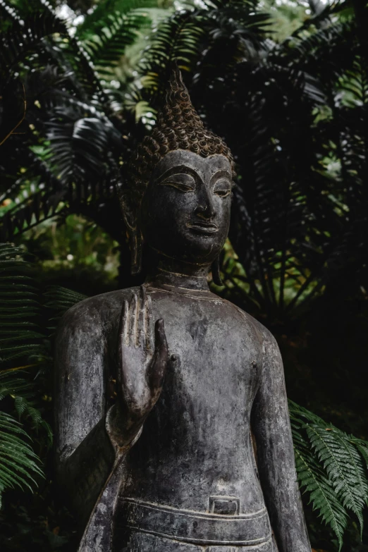 a statue in a jungle setting stands meditating