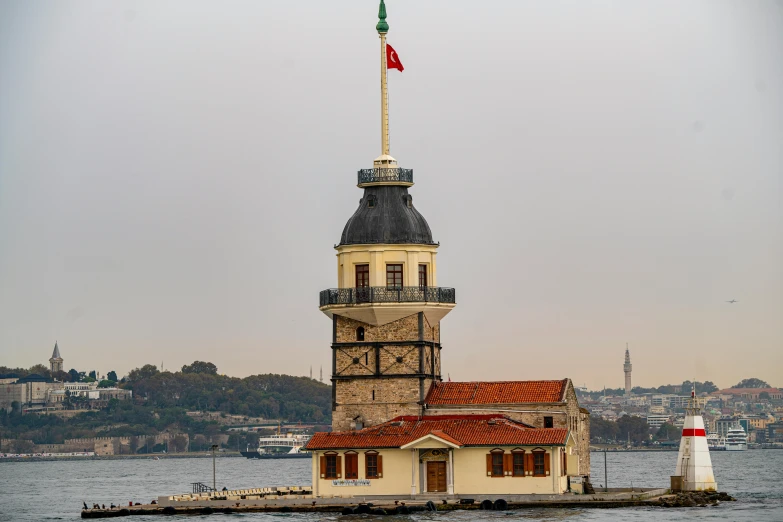 an old style lighthouse on top of a small body of water