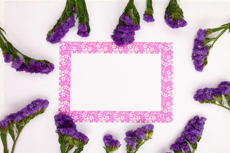 a pink frame in a pattern and purple flowers surrounding it