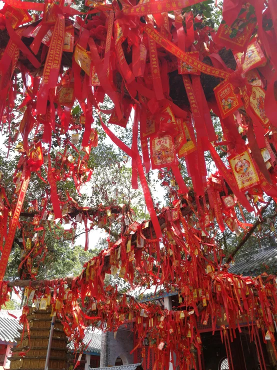 there are many red streamers hanging from the tree