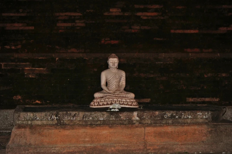 a statue of buddha is shown next to a wall