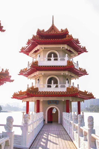 an asian pagoda at the edge of a river