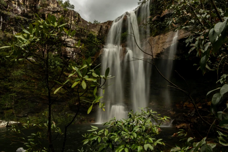 waterfall with water falling and trees below