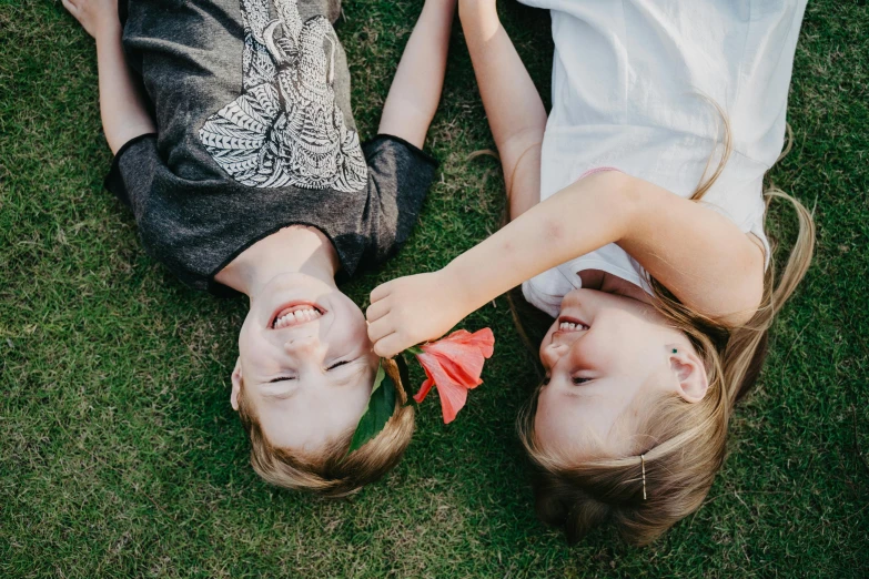 a couple of s laying on top of a grass covered field