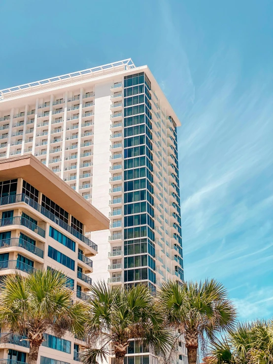 a large building sitting next to a palm tree filled field