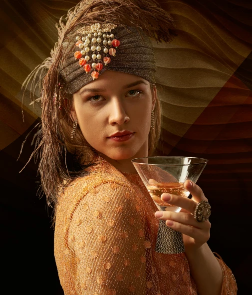 a woman in a headband holding a drink