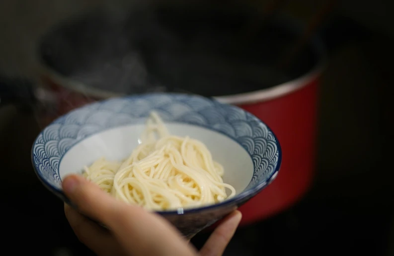 someone is holding a blue and white plate with noodles