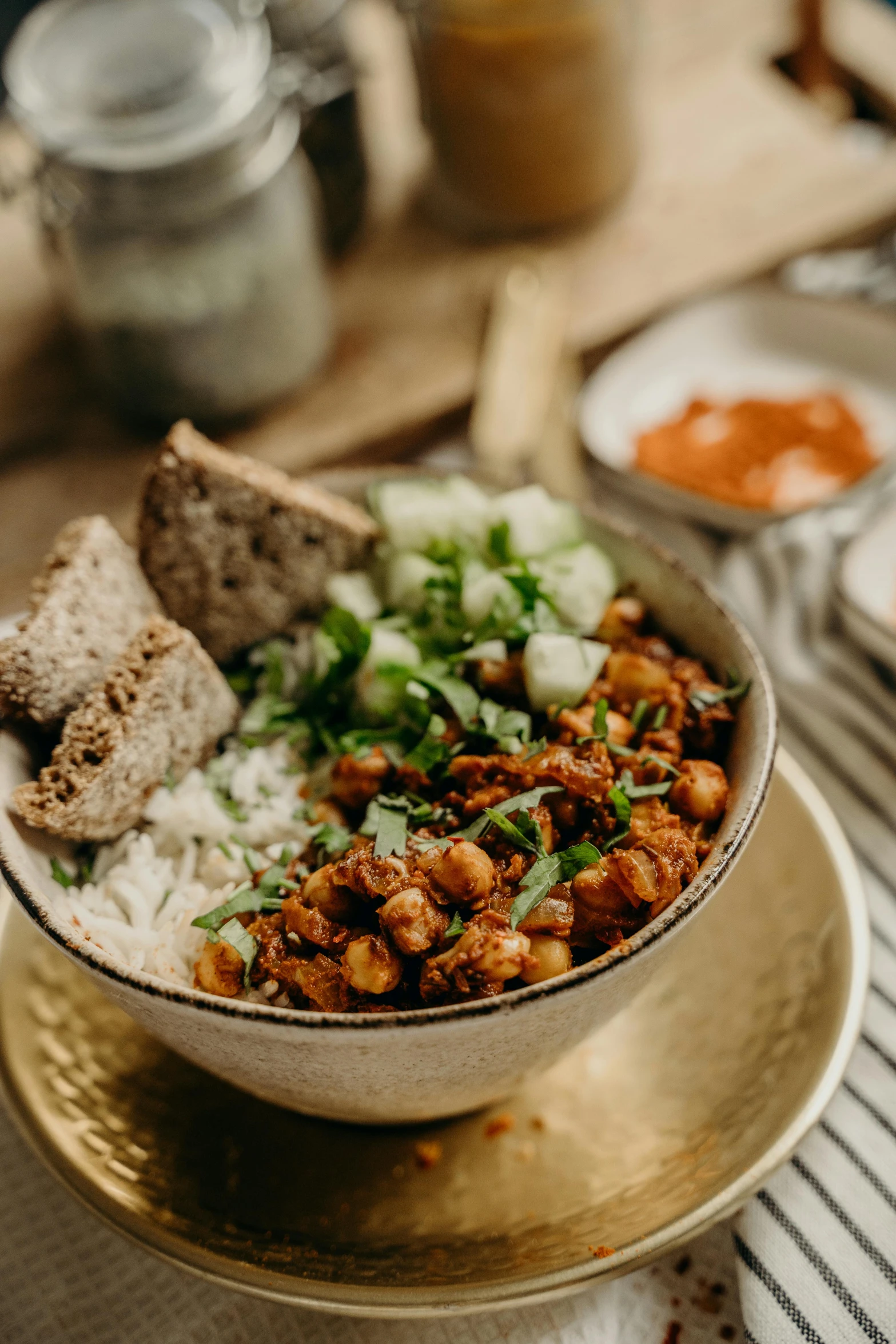 a bowl full of food on top of a table