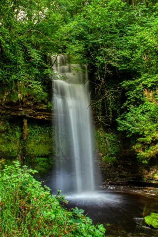 a big waterfall surrounded by lush green trees