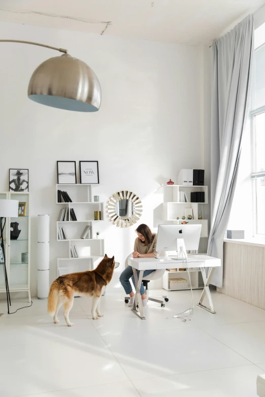 a woman sitting in a chair with her dog standing by the desk