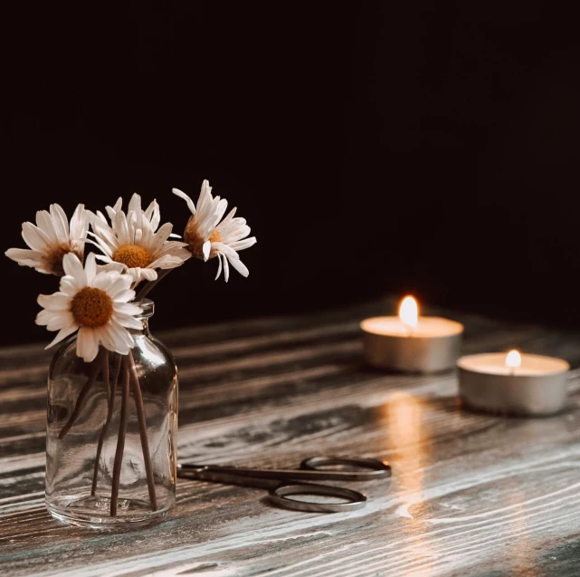 a vase of daisies is shown with some candles