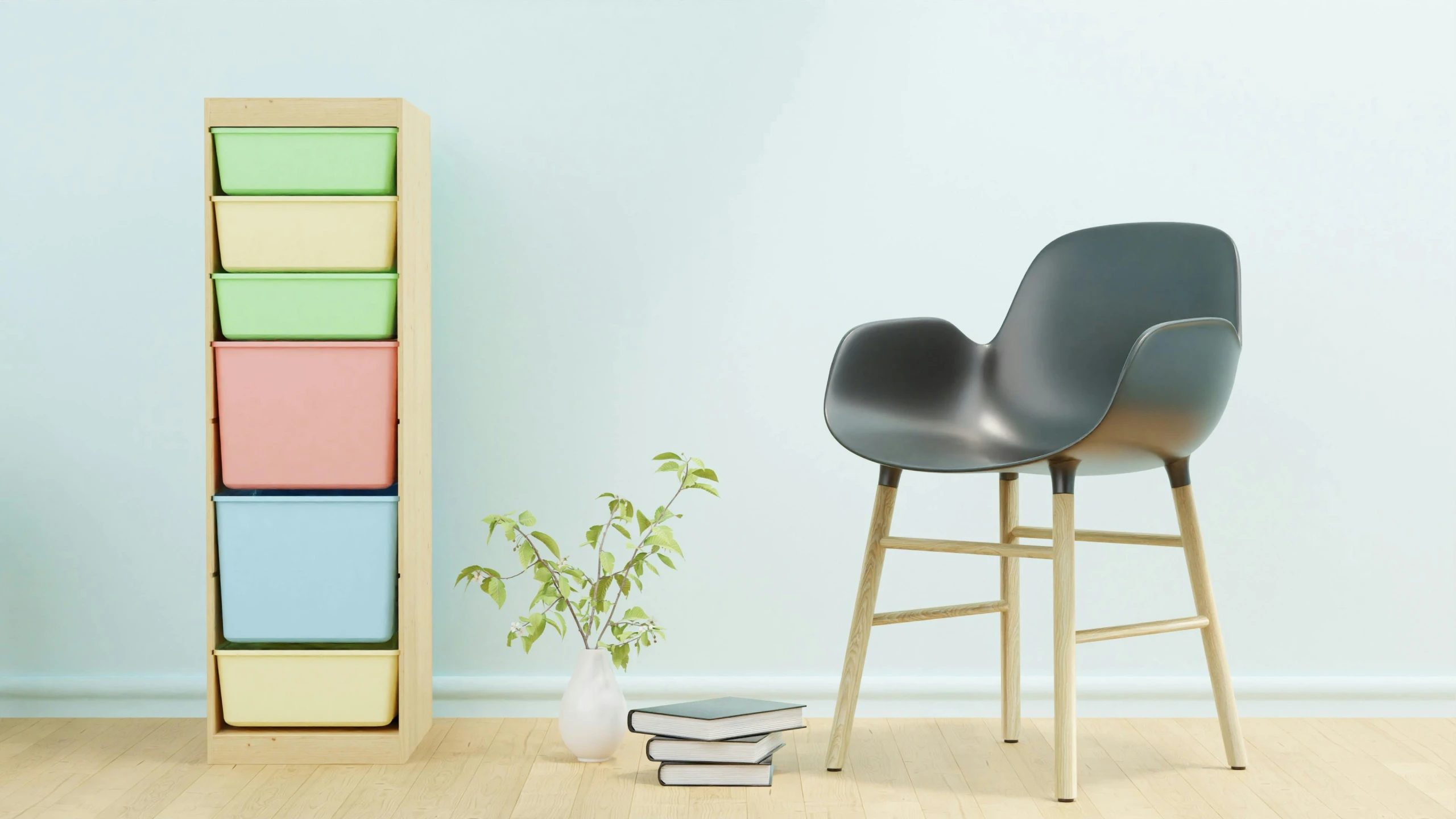 two chairs next to a bookcase, a potted plant, and two books in pots